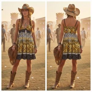 Majora S Vintage Y2K Bohemian Hippie Festival Coachella Sunflower Babydoll Dress